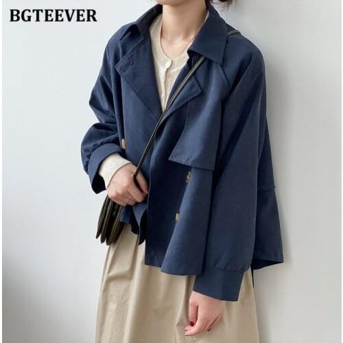 BGTEEVER Autumn Fashion Chic Ladies Double Breasted Windbreaker Jacket Vintage Full Sleeve Loose Female Short Trench Coats 2021