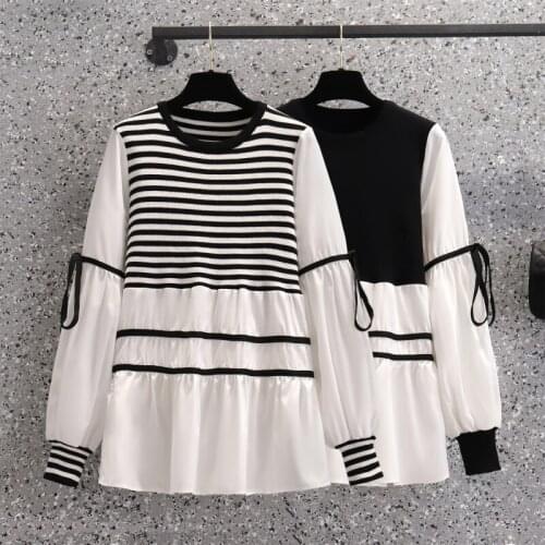 Striped Knitted Stitch Long Sleeved Plus Size Korean Autumn Elegant Fashion Blouses And Tops WomenS Oversize Shirt Clothes 2021