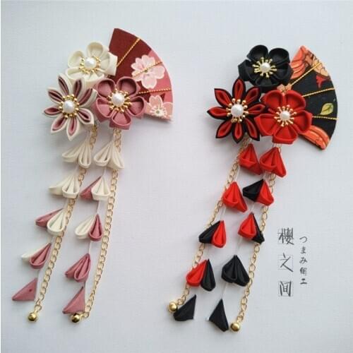 Japanese Hairpin Sakura Hair Clip Tsumami zaiku for Kimono Yukata Geisha Long Tassel Barrettes Handwork Hair Accessories Cosplay