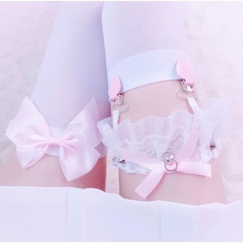 Women Lolita Garter Clip Sexy Stockings Japanese JK Pink Lace Thigh Leg Ring Female Garters Suspender Belt Pole Dance Suspenders