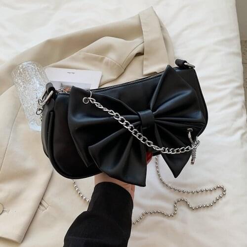 Women Cute Bow-knot Messenger Bags Casual Chain Small Crossbody Bag Female Solid Color Pu Leather Handbags Trending Shoulder Bag
