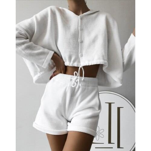 Women Mercerized Cotton Two Piece Sets Button V Neck Long Sleeve T-shirts And Drawstring Short Suits Casual Solid Female Outfits
