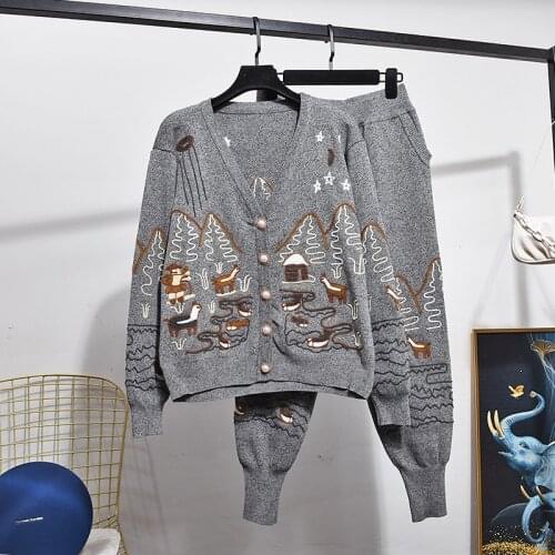 Spring Fashion Loose Embroidery Knit Tracksuit Outfits Women Black White V-neck Cardigan Sweater Pencil Pants 2 Piece Set Female