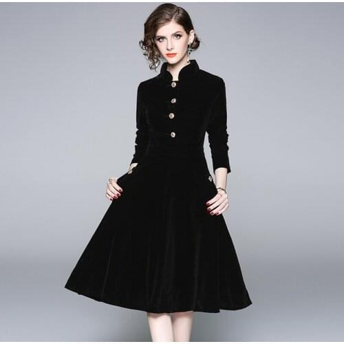 High Quality Black Velvet Stand Collar Party Dress For Women Elegant Temperament Female Buttons Vintage Slim Long Sleeve Vestido