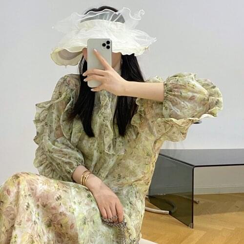 Unity youni 13 lines 2021 spring Tencel loose Ruffle print dress womens long two piece set