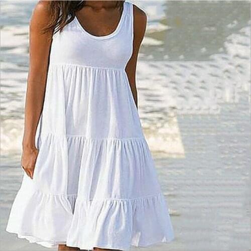 2021 Summer Womens Loose Beach Dress Sleeveless O-Neck Stitching Big Swing Solid Color Casual Dress