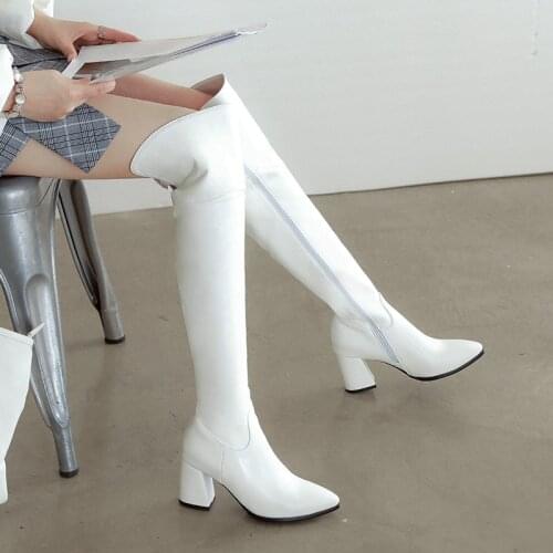 2021New PU Black White Over-The-Knee Boots Lady Pointed Thick Heel Zipper Fashion Boots Women Belt Buckle Plus Size Women Shoes