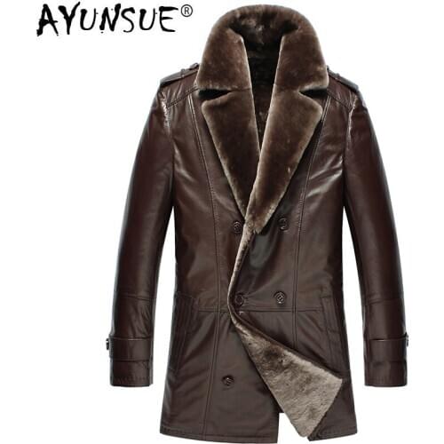 AYUNSUE Winter Genuine Leather Jacket Men Sheep Shearling Real Fur Coat Double-breasted Sheepskin Coat 2020 N1396 KJ4284