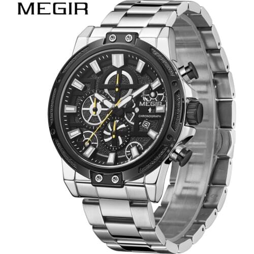 MEGIR New Mens Watches Top Brand Luxury Chronograph Quartz Watch Men Stainless Steel Waterproof Luminous Relogio Masculino 2108G