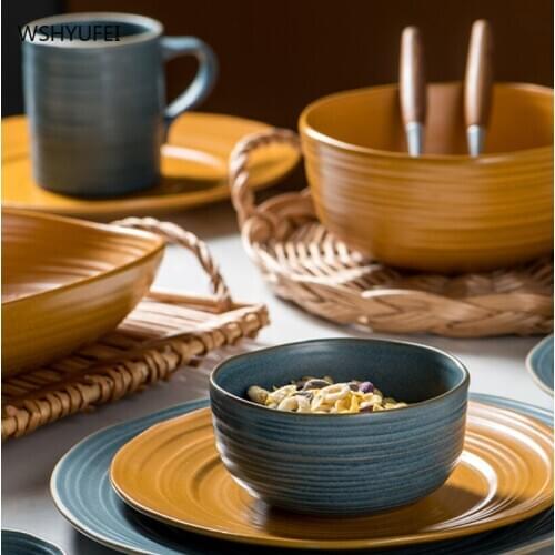 Ceramic bowl household kitchen tableware rice bowl set dessert plate noodle bowl Japanese personality steak plate tableware