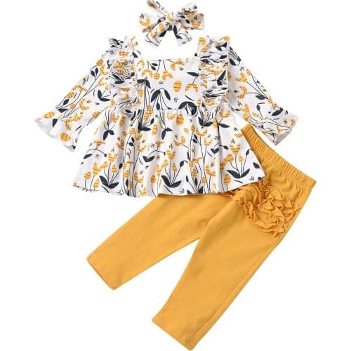 Infant Kids Baby Girls Clothes Set, Floral Print Long Sleeve Square Collar Tops+Solid Color Trousers+Headband 1-5T
