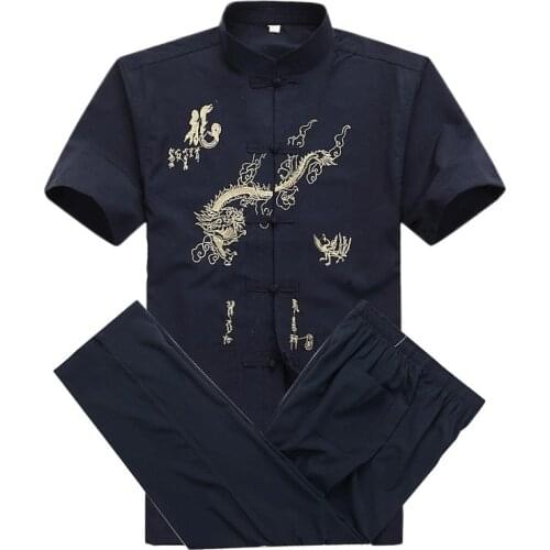 Chinese Men Cotton Kung Fu Suit Embroidery Wu Shu Uniform Tai Chi Clothing Short Sleeve Shirt+Pant M L XL XXL XXXL