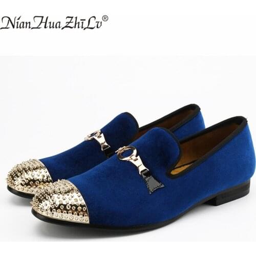 2019 Handmade Men velvet shoes with gold buckle and gold toes fashion Britain smoking slipper Wedding and Banquet men loafers