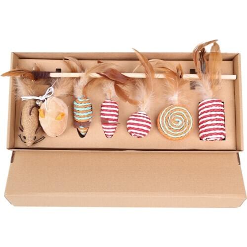 7PCS Cat Toy Set Cat Grabbing Board Set Bell Feather Wood Stick Tease Cat Stick Cat Plush Toy