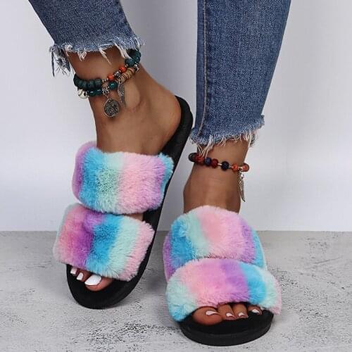2021 New Women Slippers Faux Fur Fluffy Winter Warm Mixed Color Plush Non-slip Fuzzy Cozy Bedroom Home Furry Slippers