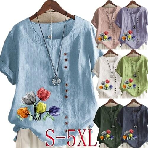 New Women Summer Casual Flower Print Loose T-shirts Vintage Round Neck Plus Size Short Sleeve Blouse Tops S-5XL