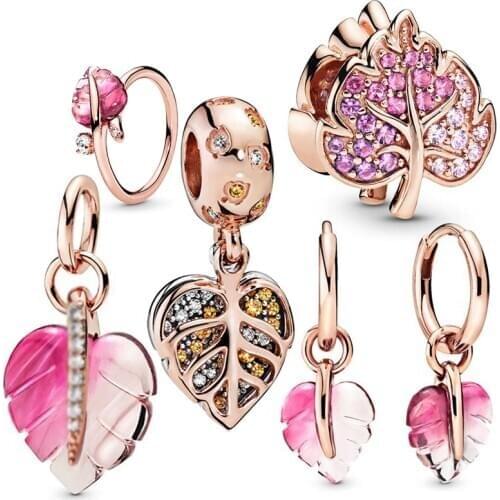 Fit Original Pandora Charms Bracelet Fashion Crystal Zircon Classy leaves Pendant Fine Stud Earrings for Women jewelry Ring Gift