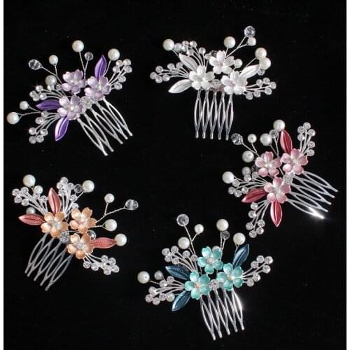 Luxury Blue Flower Hair Combs Headdress Prom Bridal Wedding Hair Accessories Gold Leaves Crystal Pearl Hair Jewelry Hair Pins