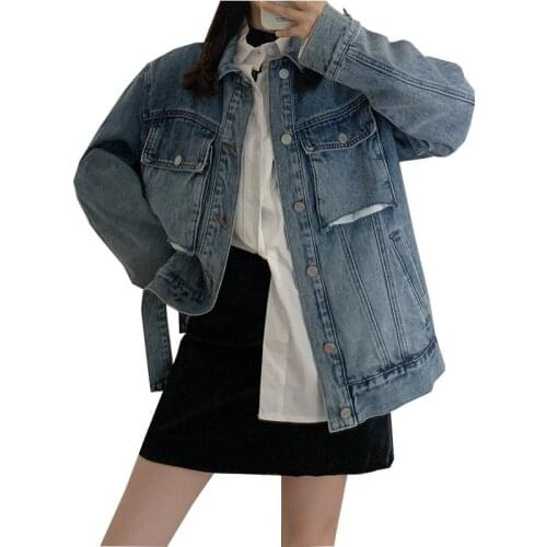 Blue Denim Coat Female Spring 2021 New Style Loose Fried Street Cowboy Outwear Casual Lapel Plus Size Vintage Women Jeans Jacket