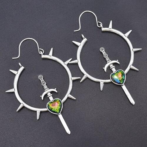 Vintage Gold Silver Color Sword Heart Earrings Big Geometric Red Crystal Earrings for Women Creative Party Jewelry Bijoux Gift