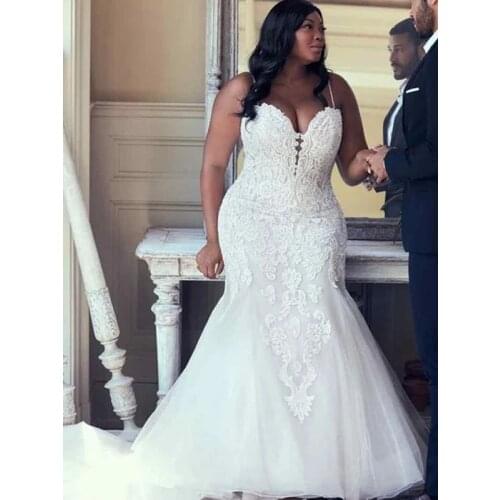 Trumpet/Mermaid Tulle Spaghetti Straps Sleeveless Sweep/Brush Train Applique Plus Size Wedding Dresses