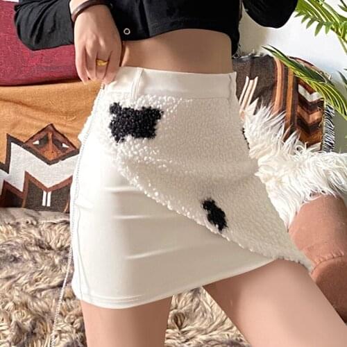Womens Slim Fit Pack Hip Fashion Plush Cow Pattern Skirt White