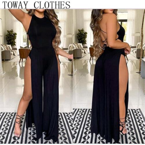 Women Summer Sexy Plain Halter Backless Wide Leg Side Slit Sexy Jumpsuits