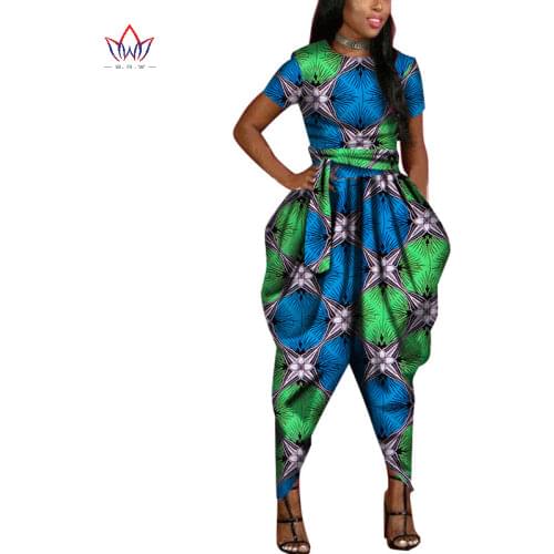 African Women Casual Print Jumpsuit with Pocket Tailor Made Short Sleeve Full Length Women Jumpsuit African Women Clothes WY1712