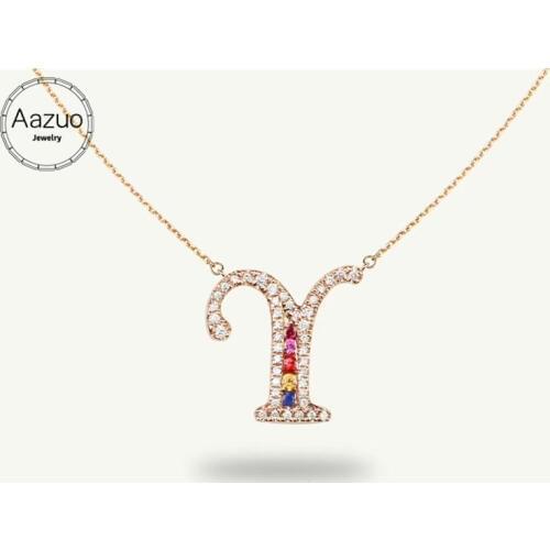 Aazuo 18K Rose Gold Natural Colour Gemstone Real Diamond Original Lucky Initial Letter Free Pendent Necklace gifted for Women