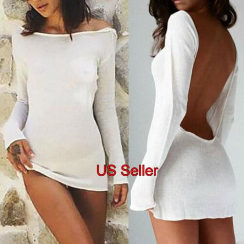 Women Sexy Braces Solid White Long Sleeve Open Back Backless Mini Body Dress Sheer Transparent Dress