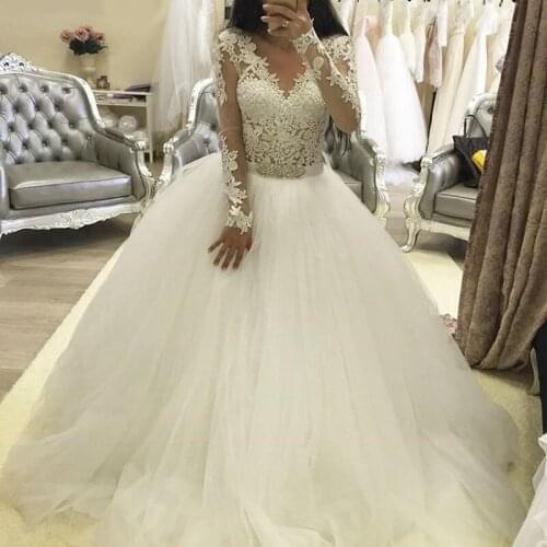 2020 V-Neck Lace Applique Wedding Dresses Long Sleeves Beaded Sash Bridal Gown Zip Back A line Vestido De Noiva Custom Made