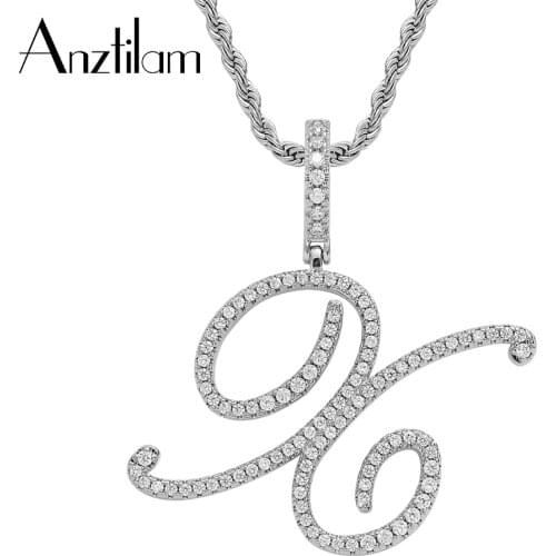 A-Z Hip Hop Cursive Letters Pendant Necklace Iced Out Bling Cubic Zircon Gold Silver Color Charm Rock Jewelry Free Shipping
