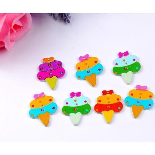 Free shipping -2015 New 100pcs Mixed 2 Holes Cartoon Ice Cream Cake Food Pattern Wood Sewing Buttons Scrapbooking 23x30mm J1578