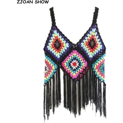 Bohemian Handmade Hollow Out Crochet Tassel Vest Holiday Style 2018 New Women Colored Plaid Fringed Knitted Waistcoat Coat
