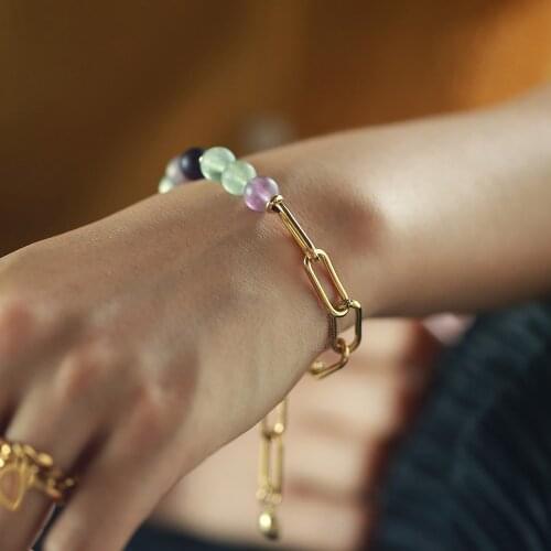 Birthstone Bracelet for Women Girls Stainless Steel Rolo Box Chain Charm Frosted fluorite Beads Bracelets 8inch LDB295A