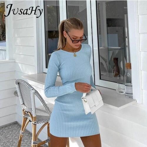JuSaHy Elegant Knitted Blue Mini Dress for Women Fashion Backless Long Sleeves O-Neck Bodycon Dress Casual Streetwear Autumn New