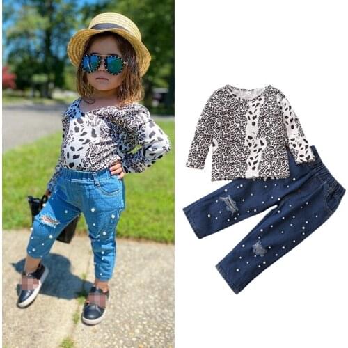 FOCUSNORM Fashion Infant Girls Autumn Clothes Sets 1-6Y Leopard Printed Long Sleeve Pullover Tops Pearl Hole Denim Pants