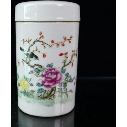 China Colored glaze ceramic flowers bird tea canister crafts statue