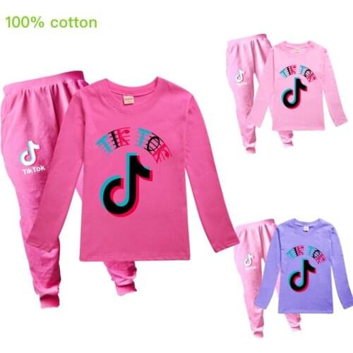 TIK TOK Childrens set of fine cotton boys and girls short sleeves long sleeves T-shirt + colored pants