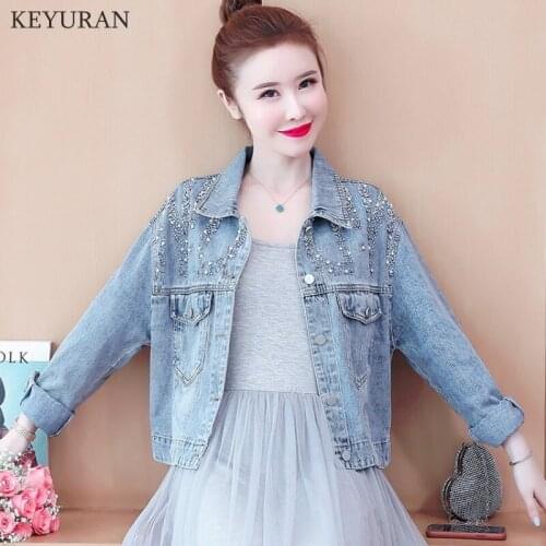 2021 Plus Size Pearl Bead New Autumn Korea Fashion Women’s Denim Jacket Full Sleeve Loose Button Short Lapel Leisure Girls Coat