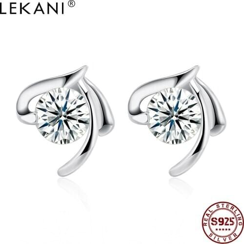 LEKANI Geometric 925 Sterling Silver Stud Earrings For Women 5A Clear Cubic Zirconia Anniversary Earring Trend Fine Jewelry