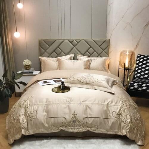 Champagne Gold Satin Cotton Royal Embroidery Bedding Set Soft Silky Double Duvet Cover Set Bed Linen Fitted Sheet Pillowcases