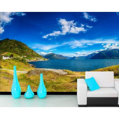 Papel de parede Iceland Houses Rivers Sky Hill Nature 3d wallpaper mural,living room TV sofa wall bedroom wall papers home decor