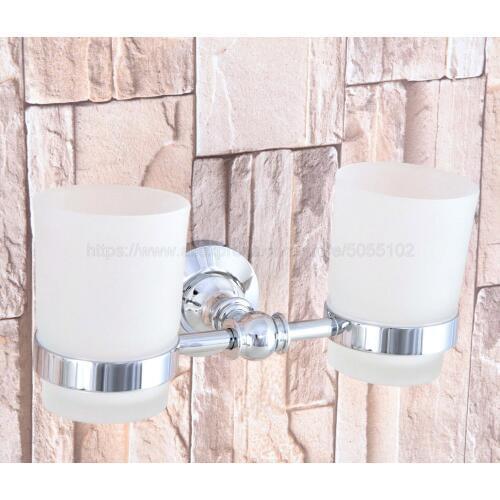 Wall Mounted Polished Chrome Double Cup Holder Toothbrush Holder with Two Glass Cups Rack Tumbler Holder zba797