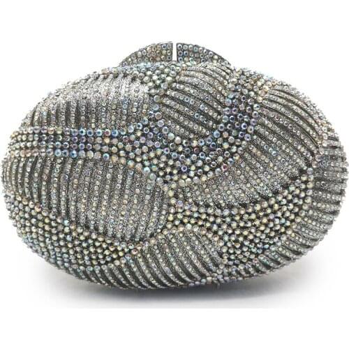New Arrival Silver Metal Oval-Shaped Ladies Diamond Crystal Evening Clutch Bag Luxury Designer AB Rhinestone Wedding Purses