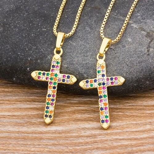 Top Quality Gold Color Christian Religious Cross Pendant Necklace For Women Charm Cubic Zircon Jewelry Christmas Birthday Gifts