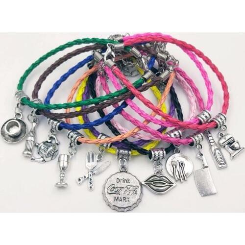 Good luck Braided Rope Bracelet Beer bottle Mouth Knife Wine Glass Fork Teapot Coke Capsule Charm Pendant Bracelet Jewelry