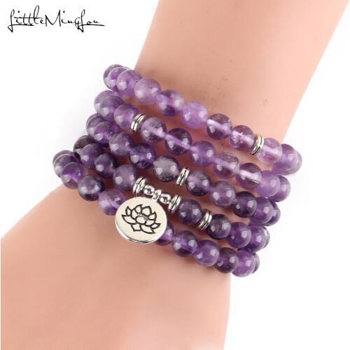 Luxurious Design Purple Natural Stone 108 Mala Lotus Bracelet or Necklace Reiki Charged Buddhist Rosary Bracelets for women