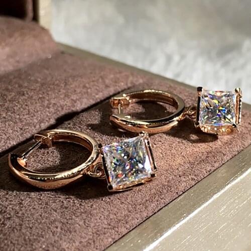 18K Rose Gold Women Drop Clip Hoop Earrings Moissanite Diamonds 4ct Princess Square Wedding Party Engagement Anniversary Present
