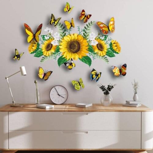 3D butterfly self adhesive wallpaper for sunflower wall Wall stickers for background decoration in living room and bedroom
